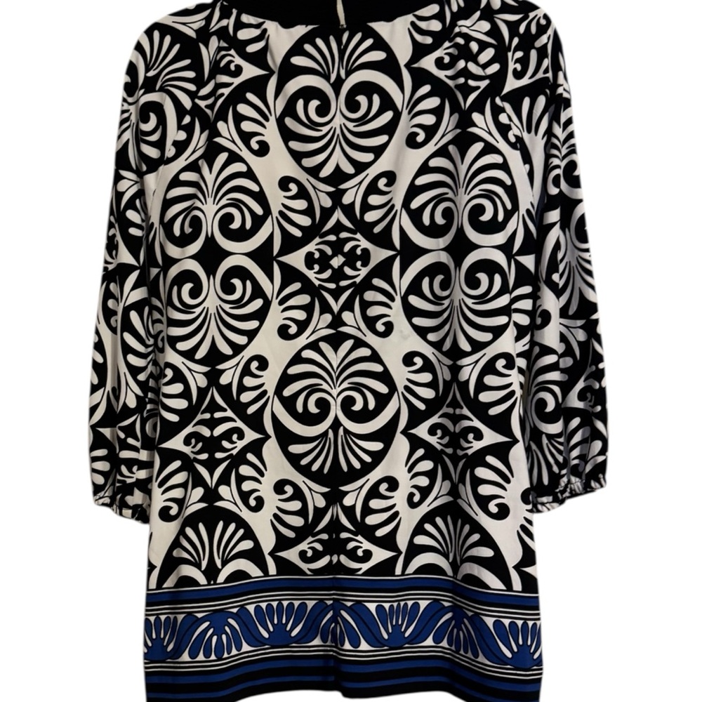 Nicole Miller Black/White Blouse w/Blue Trim & Neckline Detail 40" BUST #1 - Picture 6 of 11